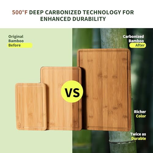 BAMBANG Bamboo Cutting Board, Dark Carbonized Chopping Boards Set of 3 with Stand, Butcher Block with Deep Juice Groove, Non-Toxic Wooden Cutting Boards for Kitchen Meal Prep & Serving - color: Dark