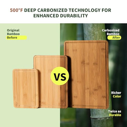 BAMBANG Bamboo Cutting Board, Dark Carbonized Chopping Boards Set of 3 with Stand, Butcher Block with Deep Juice Groove, Non-Toxic Wooden Cutting Boards for Kitchen Meal Prep & Serving - color: Dark