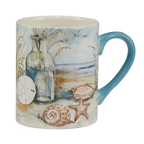 Coastal Landscape 16 oz. Ceramic Mugs – Set of 4 Assorted Beach Designs with Starfish, Shells & Ocean Bottles – Seaside Coffee Cups for Tea, Hot Cocoa, or Gifting – Blue Handle Accent - size: 5.125 inches x 4.25 inches