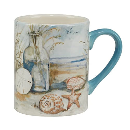Coastal Landscape 16 oz. Ceramic Mugs – Set of 4 Assorted Beach Designs with Starfish, Shells & Ocean Bottles – Seaside Coffee Cups for Tea, Hot Cocoa, or Gifting – Blue Handle Accent (Pack of 3) - size: 5.125 inches x 4.25 inches (Pack of 3)