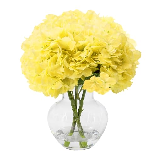 Hydrangea Artificial Flowers with Glass Vase, Real Touch FauxHydrangea Arrangement with Faux Water, Ready-to-Display Table Centerplecefor Bathroom, Shelf, Home Décor (Yellow) - color: Yellow