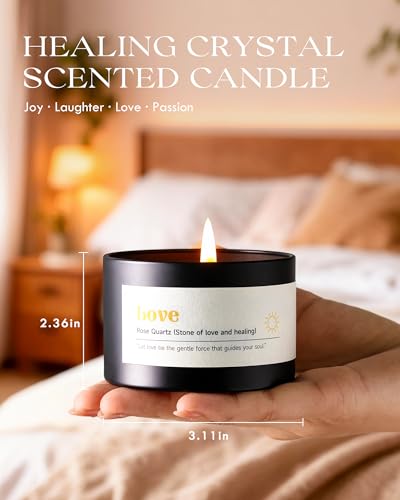 AOOVOO Crystal Energy Candles Set for Women - Soy Candle for Home Scented | 4 Pack 26 oz, 200 Hour Long Lasting Candle, Laughter Red Crystal/Love Rose Quartz/Joy Citrine/Passion Red Quartz - color: Energy Candles Set