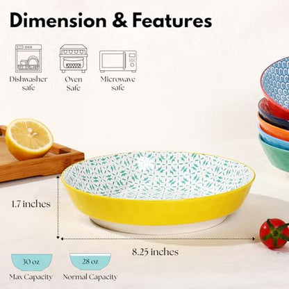 Large Ceramic Pasta Bowls Set of 6, 30 Oz Large Salad Bowls for Kitchen, 8.25 inch Decorative Ceramic Serving Bowl, Pasta Plates, Porcelain Dinner Soup Bowl Set, Microwave&Oven&Dishwasher Safe - size: 30 Oz-8.25"
