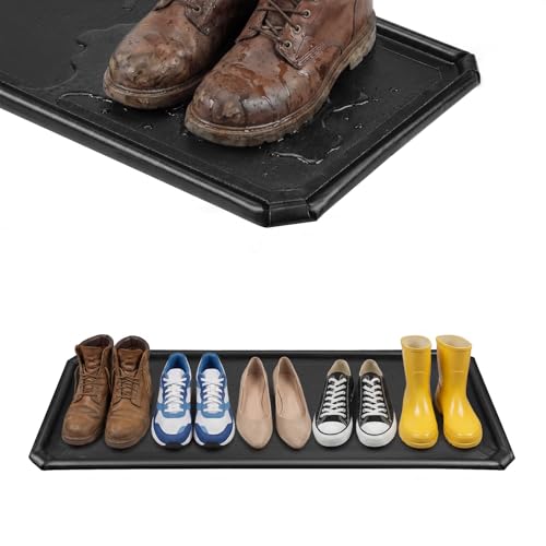Shoe Mat, Large Boot Mat for Entryway Indoor- 50" × 17.7" | 1.2 in Raised Edges Tray, 600D PVC, Waterproof, Foldable, Non Slip, Wet Shoes, Mud, Snow, Multiple Uses - color: Black-50" × 17.7"