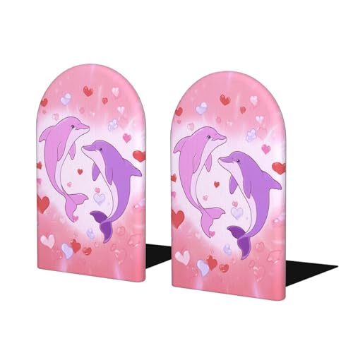 Cartoon Heart Dolphins Wooden Bookends for Shelves Decorative Book Ends Universal Book Organizer Holder for Office, Heavy Books, Vinyl Records - color: Cartoon Heart Dolphins