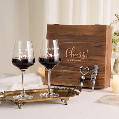 AW BRIDAL Engagement Gifts for Couples Fiance and Fiancee Wine Glasses Set | Engaged Wine Glasses with Wine Stopper & Wood Keepsake Box, 2026 Wedding Gifts for Newlyweds, Bride to Be Gifts for Women - style: Fiance/Fiancee