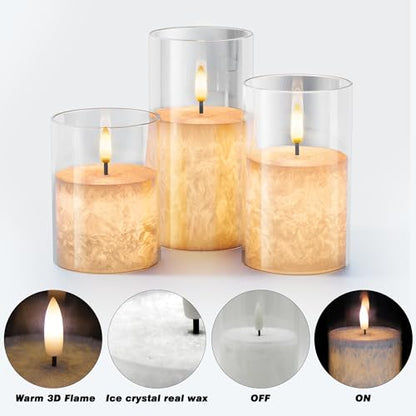 VIODAIM Ice Crystal Real Wax Glass Flameless Candles with Remote & Timer, Battery Operated Candles with Warm Flickering Flame, Realistic LED Candle for Wedding Home Decor [D3×H4/5"/6"] Clear, 3Pack | Real Wax Crystal Texture, D3×H4/5/6", 2/4/6/8H Timer, D