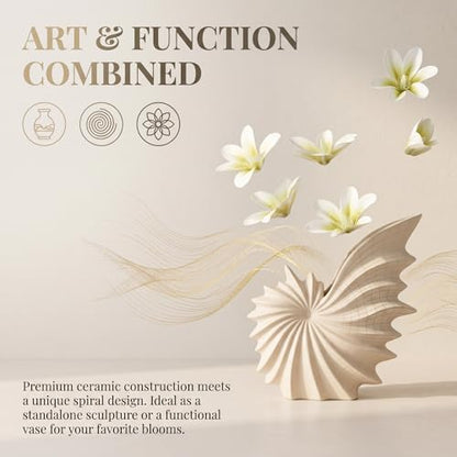 White Ceramic Seashell Vase for Pampas Grass and Flowers | Modern Tabletop Coastal Home Decor Accent for Living Room, Coffee Table, Entryway, Bookshelf and Dining Table