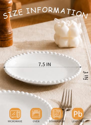 7.5" White Porcelain Beaded Appetizer Plates Set of 10 | Round Shape,Ceramic,Small Dinner Serving Dishes, for Dessert, Snack, Ice Cream, Waffles, Microwave, Dishwasher, Oven Safe - size: 7.5 Inch - 10P