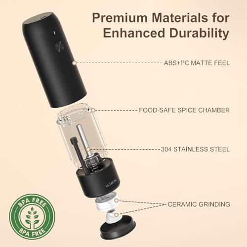 Ultrean Pepper Grinder, Rechargeable Salt and Pepper Grinder with 6 Adjustable Coarseness, LED Light, Automatic Grinder for Kitchen, Home and Kitchen Appliances Birthday Gifts for Women, Black - color: Black