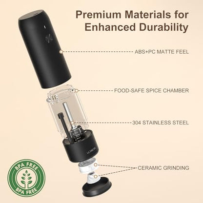 Ultrean Pepper Grinder, Rechargeable Salt and Pepper Grinder with 6 Adjustable Coarseness, LED Light, Automatic Grinder for Kitchen, Home and Kitchen Appliances Birthday Gifts for Women, Black - color: Black