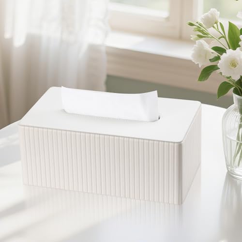 PU Leather Tissue Box Cover Rectangular Tissue Box Holder with Magnetic Bottom, Napkin & Facial Tissue Holder Dispenser for Home, Office for Standard 120-count/160-count (2-Ply) White Stripe - color: Off-white Stripe