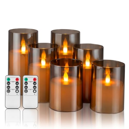 Flameless Candles with Remote, Set of 6 LED Pillar Candles (3" D x 4" 5" 6" H), Realistic Climbing Flame Battery Powered Candles for Home Wedding Christmas (Smoky Grey Ivory) - color: Gray, size: 6 Pack