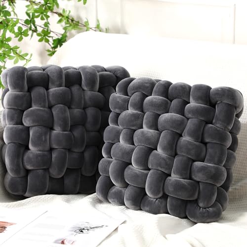 Wenqik 2 Pcs Knot Pillows Square Knotted Plush Throws Soft Accent Pillows Decoration Cushion for Couch Home Office Living Room Bedroom Bed Sofa Decor, 12'' x 13''(Dark Gray,Crystal Velvet) - color: Dark Gray