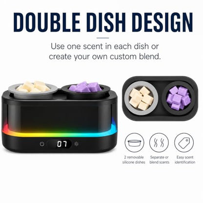 Wax Warmer, Wax Melt Warmer with Timer & Double Dish | Electric Wax Warmer with 7-Color LED Mood Light, Removable Silicone Dishes, PTC Flameless Wax Melter Auto Shut Off