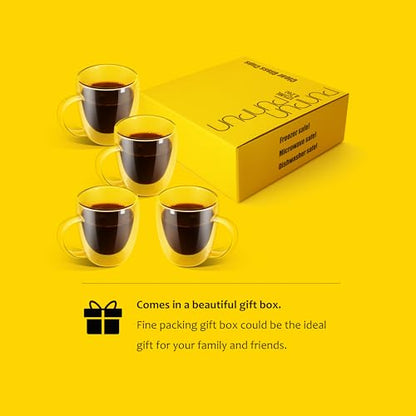 PunPun 12.9OZ. 380ml Clear Coffee Mugs, Glass Cups for Latte, Double Wall Glass with Big Handle, Clear Mugs for Iced Coffee or Hot Beverages, Espresso Cups Each Set of 4 - color: 380ml / set of 4
