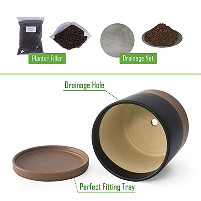 D'vine Dev 8 Inch Ceramic Planter Pot, Black/Tan, 94-O-D-7 | Modern Cylinder Design, Drainage Hole & Saucer Included, Stable Structure, Elegant Home Accent - color: Black/Speckled Tan, size: Medium