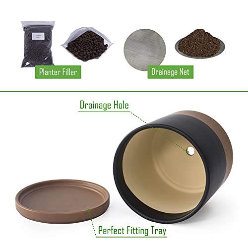 D'vine Dev 8 Inch Ceramic Planter Pot, Black/Tan, 94-O-D-7 | Modern Cylinder Design, Drainage Hole & Saucer Included, Stable Structure, Elegant Home Accent - color: Black/Speckled Tan, size: Medium