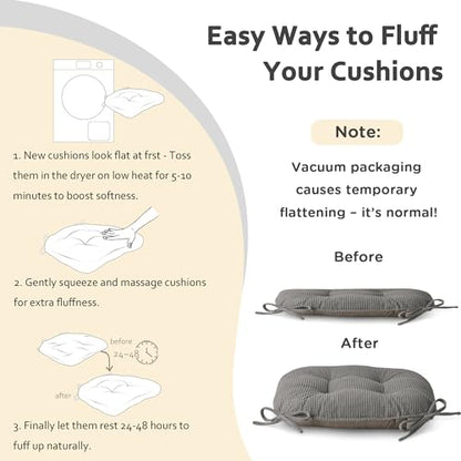 ELFJOY Dining Chair Cushions Set of 2 Non Slip 18"X18"X3" Light Grey | Thick,Textured Fabric, with Ties, Tufted, Large, for Kitchen, Dining Room, Indoor, Bedroom, Living Room, Office, Comfortable - color: Light Grey