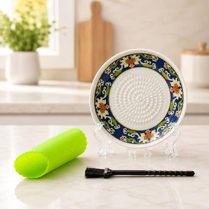 Ceramic Garlic Grater Plate Bowl Tomato Dish Made in Spain Spanish Grating Pan Herb Stripper Peeler Con Tomate Grater Plate Brush Stand Kitchen Gadget Gift Set Ginger Olive Oil Dip(#D) - color: #D