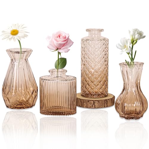 Set of 4 Glass Bud Vase Set, Small Vintage Clear Flower Vase Centerpieces for Table Bulk Cute Rustic Style Mini Vase for Home Decor Wedding Baby Shower Birthday Party(Ombre Amber) - color: Ombre Amber