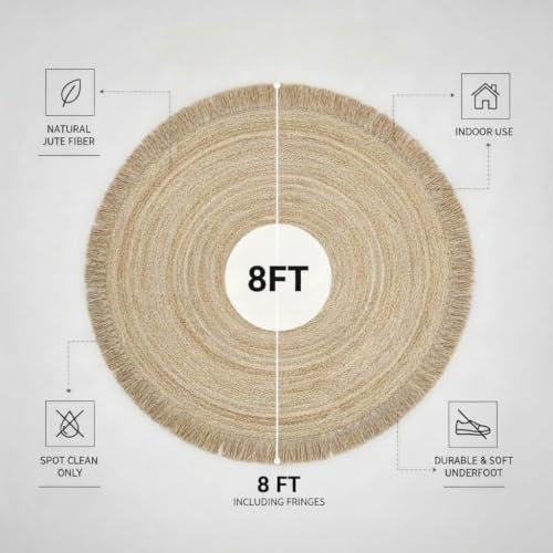 Hand Woven Jute Round Rug, Natural Reversible Boho Area Rug for Entryway, Kitchen, Living Room and Bedroom I Farmhouse Indoor Floor Rug - 8ft, Circular - size: 8' (Round)