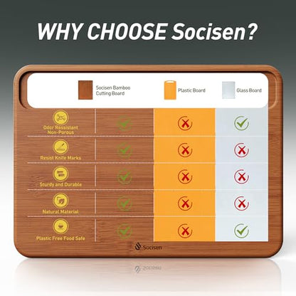 Bamboo Cutting Board for Kitchen Non Toxic Durable Wooden Cutting Boards with Deep Juice Grooves, Ideal Charcuterie Chopping Large for Meat Vegetables Fruits Cheese BBQ Ideal Kitchen Cool Unique Gifts