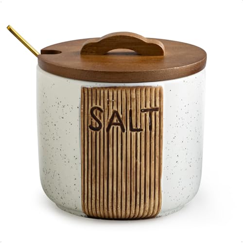 Salt Container for Countertop, Ceramic Salt Cellar with Lid & Spoons | 10 OZ Salt Bowl Salt Holder for Kichen Counter, Easy Access, Rustic Woodgrain Embossed Design, White - color: White, size: Set of 1