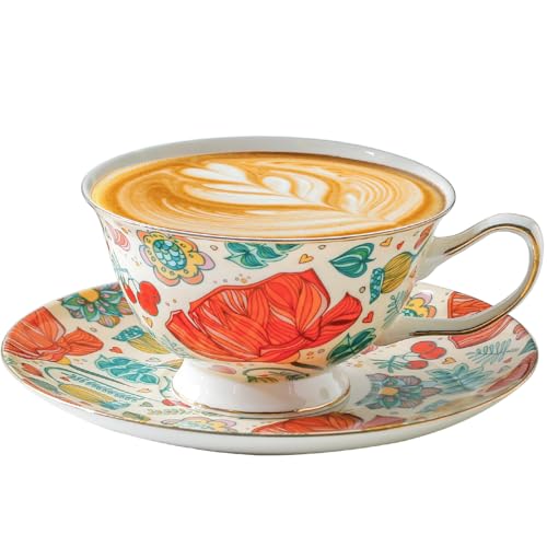 Ceramic 6.8 Oz Coffee Cup Mug with Saucer,Porcelain Vintage Floral Cups Set for Tea Party, Latte, Cappuccino Tea,Gift for Women (1, Red-Flower)