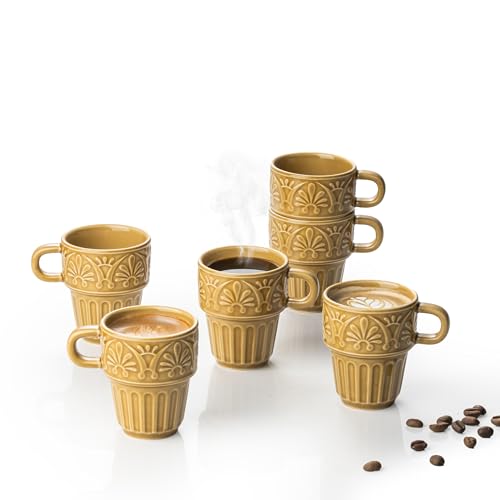 LYEOBOH Small Coffee Mug Set of 6, Stackable Mugs 3.3 OZ Ceramic Espresso Cups, Microwave & Dishwasher Safe Coffee Mugs Cups for Coffee Tea Cocoa, Modern Design for Home Kitchen, Housewarming, Khaki - color: Khaki, size: 3.3 OZ-set of 6