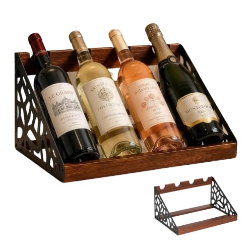 Countertop Wine Rack Display, Wine Bottle Holder, Wood Metal Combination Wine Storage Stand, Hollow Cutout Side Frame Tabletop Wine Organizer Holds 4 Bottles for Kitchen Bar Cabinet