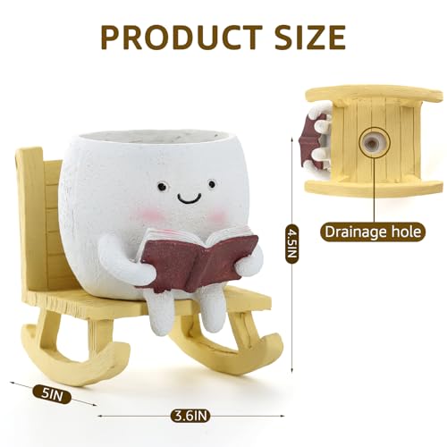 Smiley Face Planter Pot, Cute Resin Head Planter with Drainage Hole, Unique Rocking Chair Succulent Pot for Indoor Outdoor Plants, Funny Plant Lovers Gift for Mother's Day and Christmas (Upright) - size: 6.50×5.91×5.12"