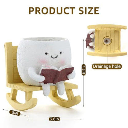 Smiley Face Planter Pot, Cute Resin Head Planter with Drainage Hole, Unique Rocking Chair Succulent Pot for Indoor Outdoor Plants, Funny Plant Lovers Gift for Mother's Day and Christmas (Upright) - size: 6.50×5.91×5.12"