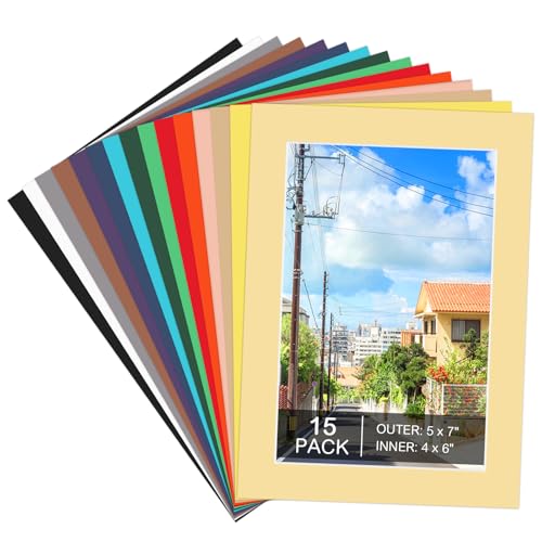 15 Pack 5x7 Picture Mats for 4x6 Photos, Mixed Colors, Bevel Cut | 1.2mm Thick Mat Board, Cream Core, Protects Photos, Fits Frames, for Prints, Artwork, Home Or Gallery Display - size: 5x7 for Photos 4x6