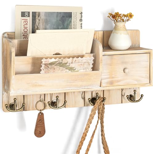 Rebee Vision Key Holder Wall Mount with Drawer for Entryway, Natural Wood | Pine Wood, with Drawer Storage, 7 Hanging Hooks, Letter Organizer, Key Holder for Wall, Home Essentials for Room Decor - color: Natural Wood