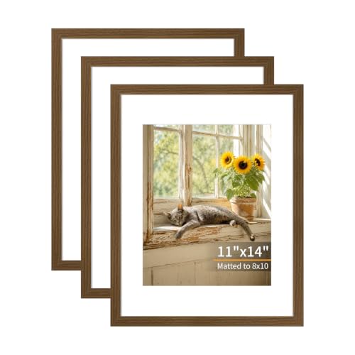 11x14 Wooden Picture Frames Set of 3 Walnut Photo Frame Wall Table Display | Sturdy MDF 11x14 frames with mat clear plexiglass Hangs on wall stands table family pics weddings diplomas home or office - color: Walnut, size: 11x14