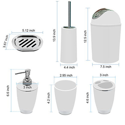 Bathroom Accessories Set, 6-Piece Plastic Gift Set, Toothbrush Holder, Toothbrush Cup, Soap Dispenser, Soap Dish, Toilet Brush Holder, Trash Can (White) - color: White