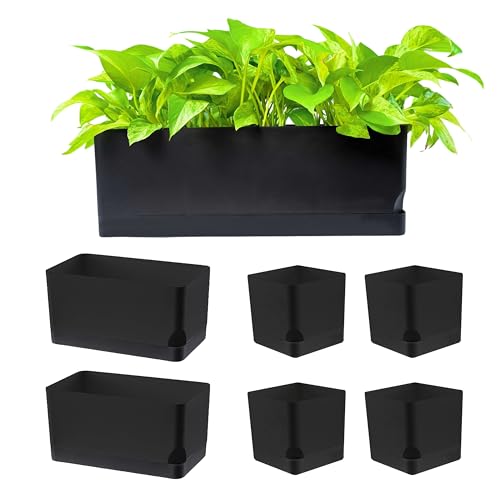 LaLaGreen Planters for Indoor Plants (7 Pack) Rectangular Flower Boxes | Self-Watering System Black Window Box Planter, Plastic Herb Garden Long Windowsill Plant with Drainage Modern Stylish Outdoor - color: Black