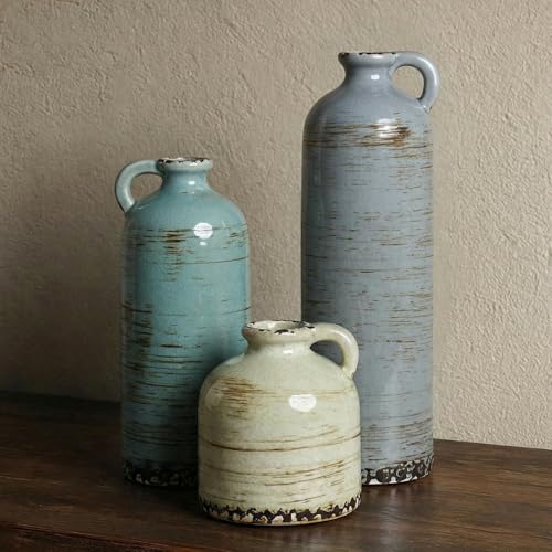 Modern Pottery Vase Set of 3 with Handles, Neutral Jugs for Home Decor | Morandi colors and glazed rustic finish for flowers, table centerpieces, shelves and living rooms - color: Morandi Colors02
