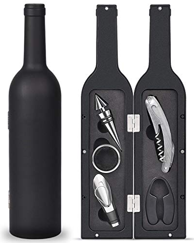 Wine Bottle Opener Set - 5 Piece Wine Opener Gift Set with Wine Stopper, Corkscrew Opener, Pourer Spout, Drip Ring, and Foil Cutter in Matte Wine Bottle Shaped Organizer Case - Black