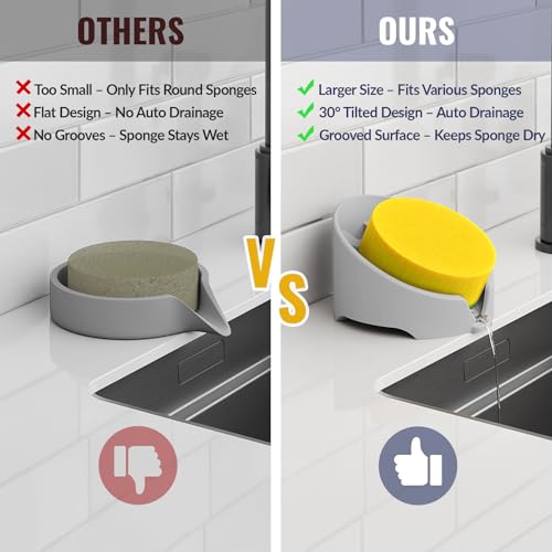 NiHome Silicone Sponge Holder for Kitchen Sink, Fits Scrub Daddy Mommy | Self-Draining Dispenser Organizer Tray, Sink Caddy Countertop Fits Soaps, Scrubber, Dishwasher Safe, Includes Brush - color: Light Gray