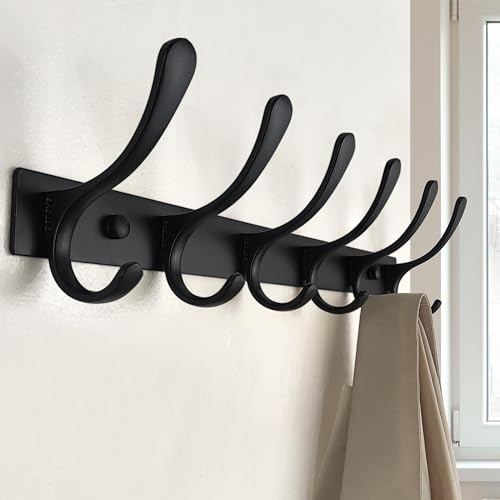 SKOLOO Heavy Duty Wall Mounted Coat Rack - 6 Hooks, Stainless Steel, Pack of 2, Sturdy Coat Hooks for Hanging Clothes, Jacket, Hat, Black - color: Black, size: 6 Hook(2 Pack)