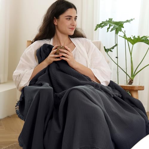 MooMee 100% Cotton Muslin Blanket, Fringed 4-Layer Gauze Bed Couch Throw | Soft Breathable Lightweight Thin Coverlet Summer Blankets for Adults, Bed & Couch All Seasons, Dark Grey, 50" x 60" - color: Dark Grey, size: Throw
