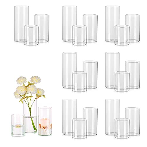 Glass Cylinder Vases Set of 24, Hewory Tall Clear Vase for Centerpieces, Glass Hurricane Candle Holders for Pillar or Floating Candles, Round Vases for Wedding Anniversary Events Table Decor, 3.3in - size: D3.3"x H5.5" + D3.3"x H7.5" + D3.3"x H9.5"