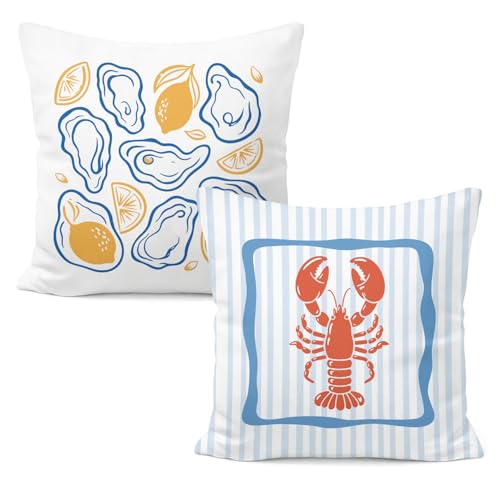 Summer Seashell Lemon Lobster Pillow Covers 18x18, Crawfish Boil Party Decorations, Coastal Seafood Party Decorative Pillow Covers for Beach House Home Room, Set of 2 - color: White-seafood Party