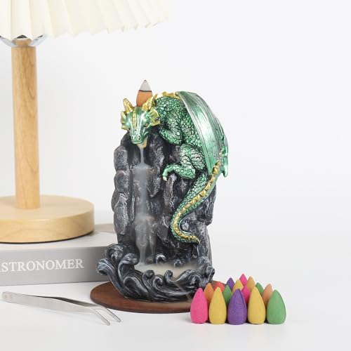Dragon Backflow Incense Holder Waterfall Incense Burner, with 100 Backflow Incense Cones,1 Mat,1 Tweezers，Aromatherapy Ornamental for Home Office Yoga （Green Dragon） - color: Green