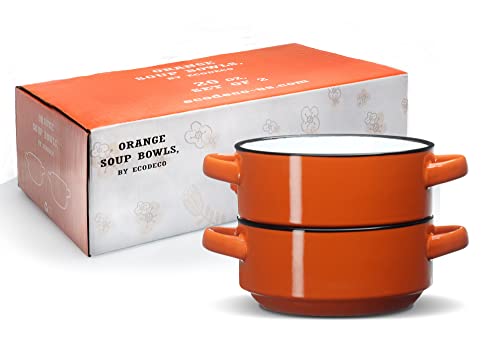 ECODECO Ceramic Soup Bowls with Handles – Set of 2 (16 oz) – Orange | Oven & Microwave Safe – Gift Boxed – Ideal for French Onion Soup, Baked Meals & Housewarming Gifts - color: Orange