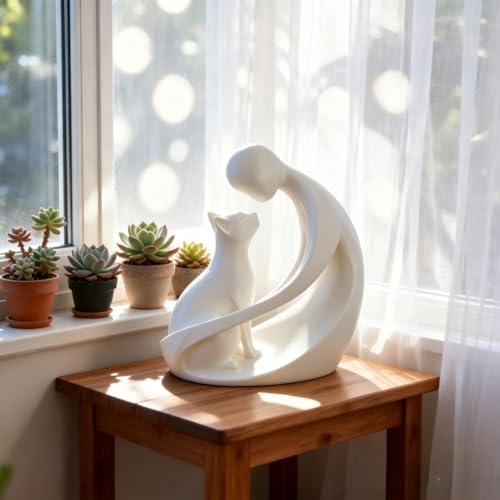 1 Pack Abstract Human and Cat Figurine, Modern Desktop Statue, Decorative Sculpture for Home, Office, Shelf Display  (White) - color: White