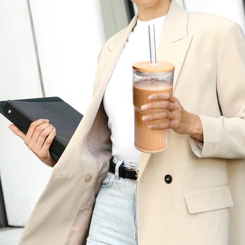 ANOTION 4Pcs 22 oz Iced Coffee Cups Drinking Glasses Iced Coffee Cup | Smoothie Cup Glass Tumbler Water Glasses Ribbed Glassware - color: Transparent