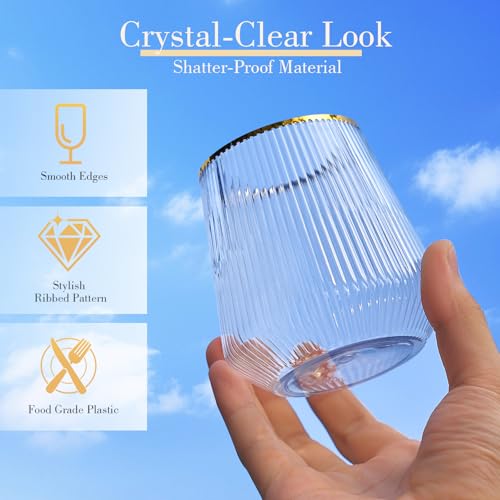 48 Pack Ribbed Plastic Wine Glasses – 24 x 9oz Stemless Champagne Flutes & 24 x 12oz Disposable Wine Glasses – Elegant Disposable Plastic Cups with Gold Rim – BPA-Free Drinkware for Weddings, Parties - color: Gold Rim Ribbed
